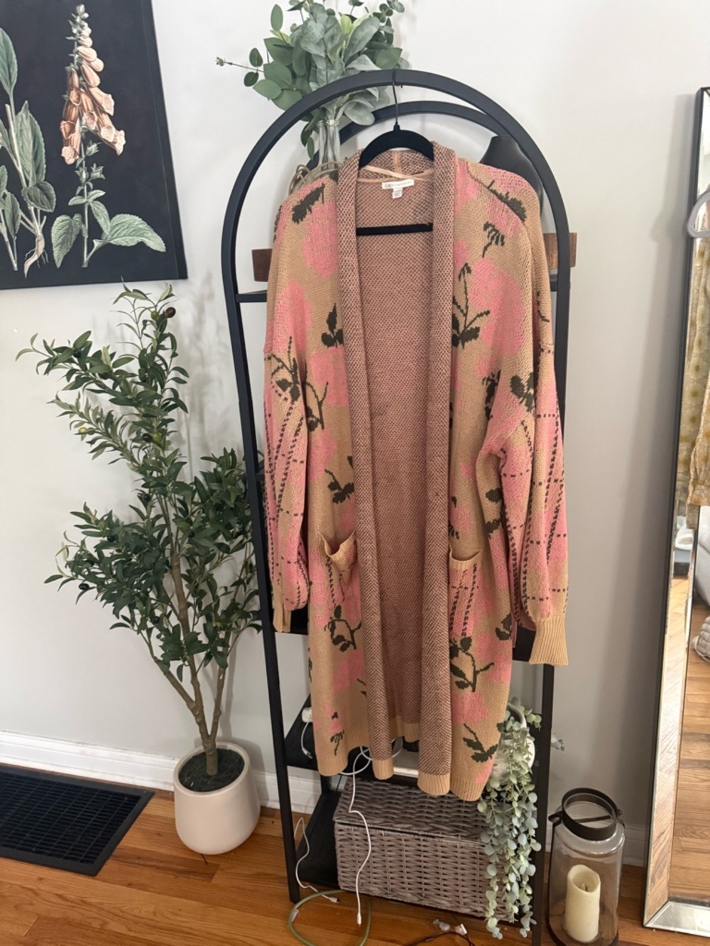Cato Floral Open Front Cardigan Sweater Tan Pink Boho Cozy Size 26/28W
